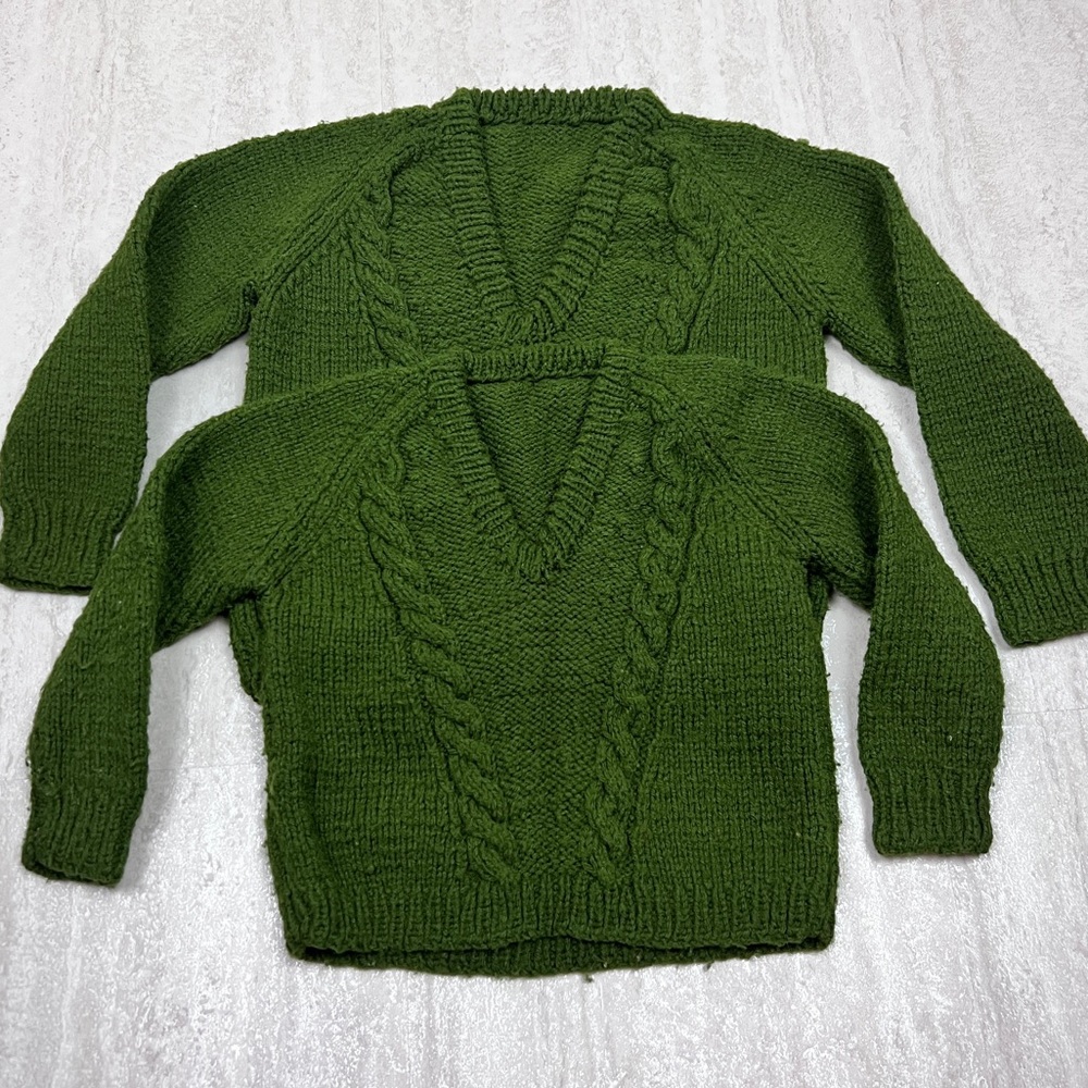 Youth hand knitted sweaters two green medium and small
